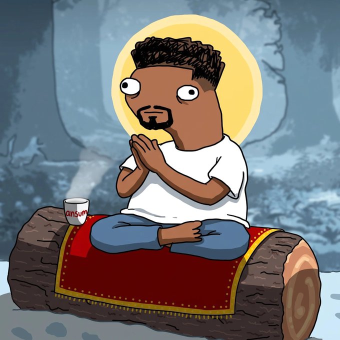 A cartoon illustration depicting a bearded man with a halo meditating in lotus position on a red rug over a log, with a coffee mug labeled "sansum" beside him.