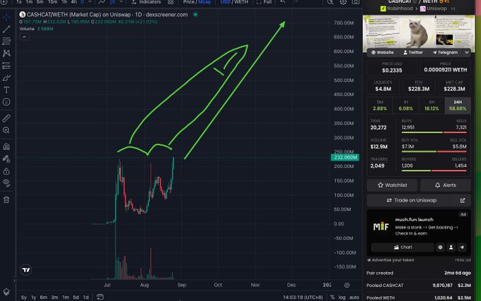 A TradingView chart of $CASHCAT/WETH on Uniswap shows a bullish upward trend drawn in green, with the price currently at 232.060M and a market cap of $228.3M, supporting the post's bullish sentiment about the token's strong momentum.