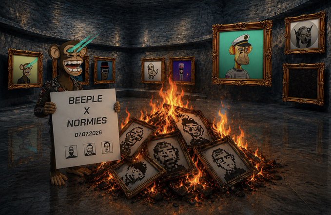A monkey character with glowing cyan eyes holds a sign reading "BEEPLE X NORMIES 07.07.2026" in a dark gallery, standing next to a pile of burning framed pixel-art portraits, with additional framed character portraits hanging on the walls.