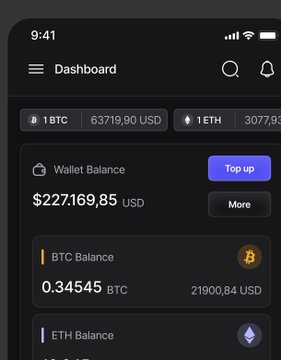 A dark-themed cryptocurrency dashboard app displaying a Wallet Balance of $227,169.85 USD, a BTC Balance of 0.34545 BTC, and an ETH balance.
