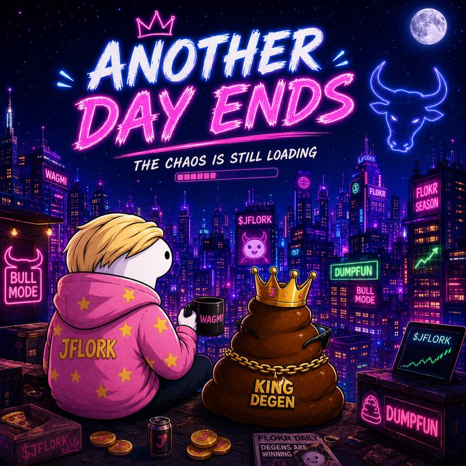A neon-style meme illustration titled 'ANOTHER DAY ENDS - THE CHAOS IS STILL LOADING,' featuring a character labeled JFLORK sitting next to a crowned pile labeled KING DEGEN, with various crypto-themed signs around a cityscape.
