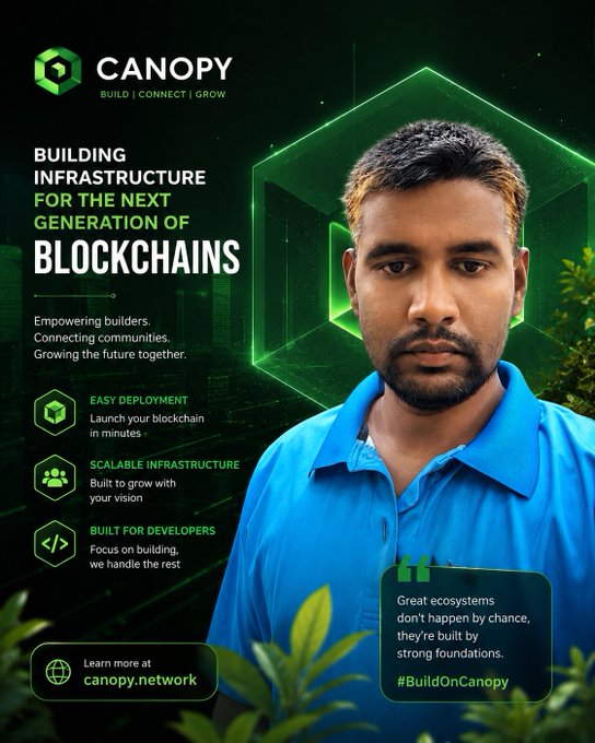 A man in a blue polo shirt stands beside a CANOPY promotional graphic featuring the tagline "Building Infrastructure for the Next Generation of Blockchains," highlighting easy deployment, scalable infrastructure, and developer-friendly tools, with the quote "Great ecosystems don't happen by chance, they're built by strong foundations" and #BuildOnCanopy.

The image visually reinforces the post's message by emphasizing Canopy's role as the foundational infrastructure that keeps builders engaged, aligning with the company's tagline: Build, Connect, Grow.