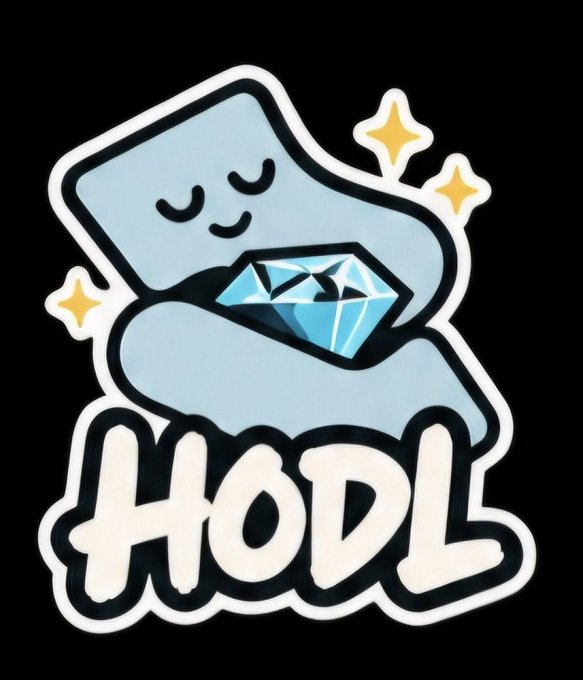 A cartoon sticker showing a light blue figure hugging a blue diamond with sparkles, above the word 'HODL' in white bubble letters on a black background.
