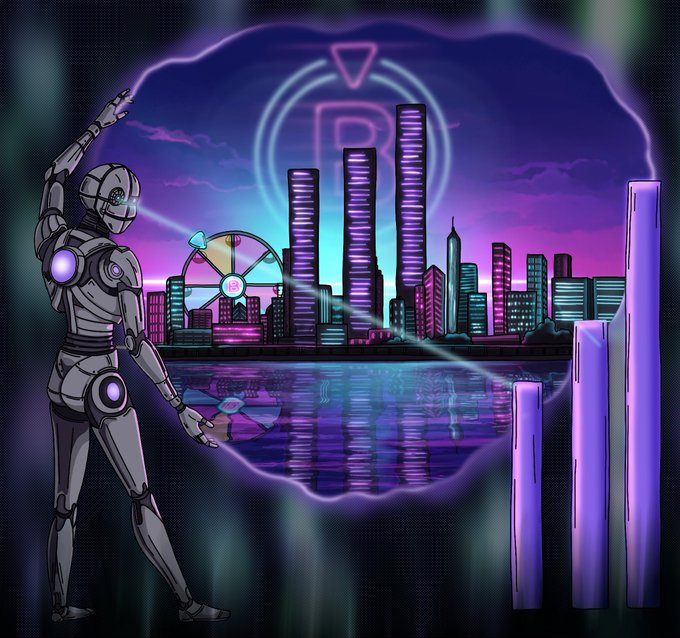 A futuristic robot stands on the left, gazing through a glowing portal at a vibrant neon-lit cityscape featuring a Ferris wheel, skyscrapers, and a prominent "R" emblem, while a rising bar chart on the right symbolizes growth—all under a purple and teal sky labeled "NEON," reflecting a cyberpunk aesthetic of technological progress and digital expansion.