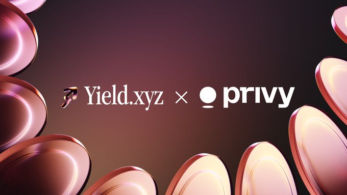 A promotional graphic displaying "Yield.xyz × privy" logos against a dark background with light pink, glossy, disc-shaped objects framing the edges.