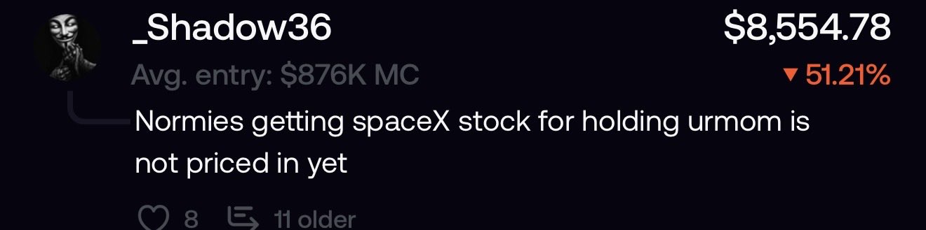 A social media post by user "_Shadow36" with a portfolio value of $8,554.78 (down 51.21%) and an average entry of $876K MC, commenting that "Normies getting spaceX stock for holding urmom is not priced in yet," reflecting confidence in the crossover appeal of $spaceX and $urmom tokens despite significant personal losses.