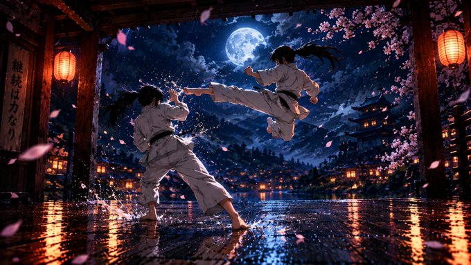 Anime-style artwork depicting two martial artists in white gi fighting under a full moon, with cherry blossoms falling, paper lanterns, and a Japanese village in the background.