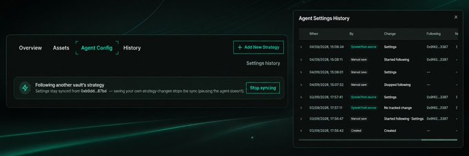 A dark-themed 'Agent Config' dashboard showing settings synced from another vault, alongside an 'Agent Settings History' panel listing various manual sync and settings updates with timestamps.