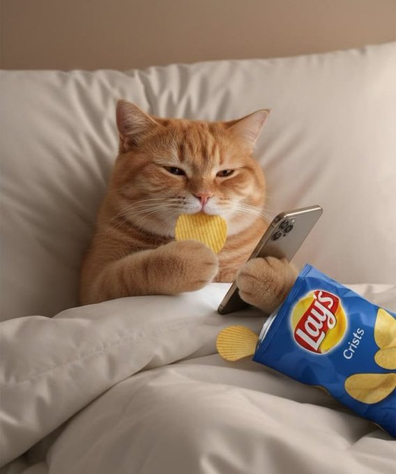 The image features a cat sitting on top of a bed, holding a bag of chips in its paws while looking at a cell phone. The scene appears to be set during the night or late hours when people are likely to snack on chips for comfort food. There is also a bag of chips visible next to the cat's paw.

The image seems to be related to a post about seedless self-c custody gasless transactions and secure infrastructure, as indicated by the caption "Gd night guys @useTria is making the multi chain experience much easier with seedless self custody gasless transactions and secure infrastructure." The combination of the cat's snack time and the post's content creates an interesting juxtaposition between a casual nighttime scene for humans and a more serious discussion about digital security.