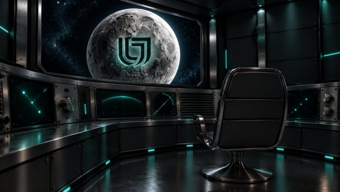 A futuristic black control room or spaceship bridge features green accent lighting, an empty black chair, and a large screen displaying a moon with a stylized 'U' logo.