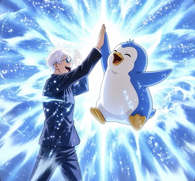 An anime character with white hair and a blue suit high-fives a cheerful, jumping penguin mascot surrounded by a glowing blue energy burst—capturing the celebratory $PENGU vibe as the token's penguin mascot shares a triumphant moment with its animated companion.