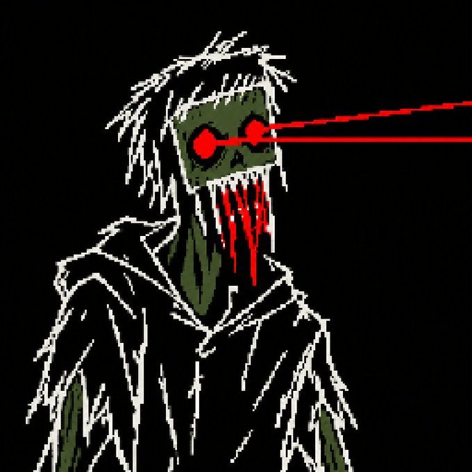 A pixel-art horror illustration of a skeletal zombie-like figure with red glowing eyes emitting red laser beams and blood dripping from its mouth, set against a black background.