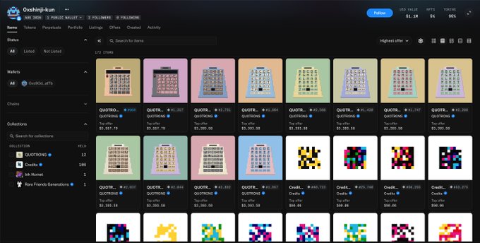 Screenshot of the Oxshi8q4un NFT marketplace on OXSCHAIN showing a grid of pixel art building NFTs priced in ETH with stats panel on the left.
