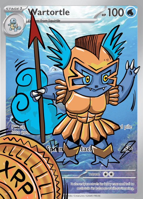 A Pokemon trading card featuring 'Wartortle' (Stage 1, evolves from Squirtle) with 100 HP, overlaid on a card back with the XRP logo.