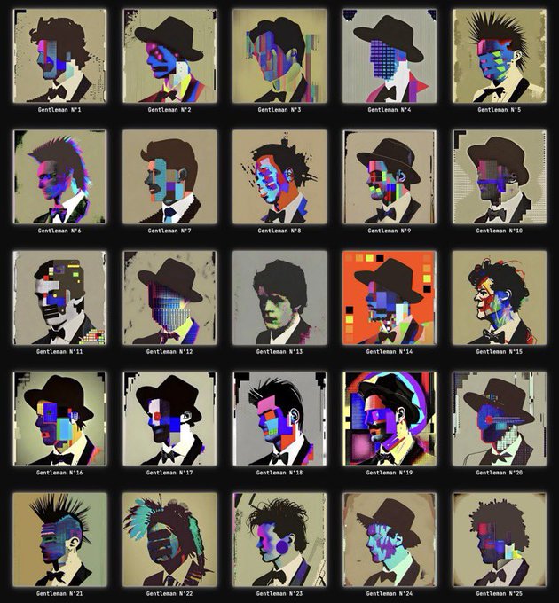 A grid of 25 stylized, colorful portraits of men labeled 'Gentleman N°'1' through 'Gentleman N°'25', featuring various hats, hairstyles, and abstract color blocking.
