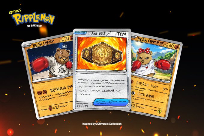 A promotional graphic for 'Ripplemon by BAKKTIGGS' featuring three trading card-style designs with bear characters ('BEAR CHAMMP', 'CHAMP BELT', 'BEAR CHAMMP GF') with moves like 'RECKLESS PUN' and 'FIERCE FIST'.