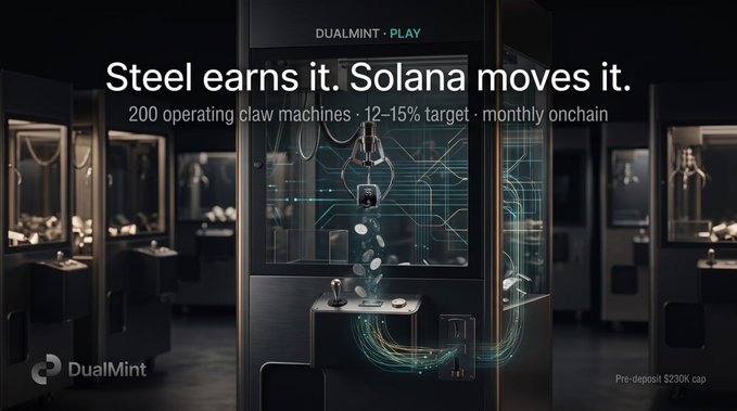 An advertisement for DualMint with the text 'DUALMINT · PLAY', 'Steel earns it. Solana moves it.', '200 operating claw machines · 12–15% target · monthly onchain', and 'Pre-deposit $230K cap', showing a claw machine with crypto coins.