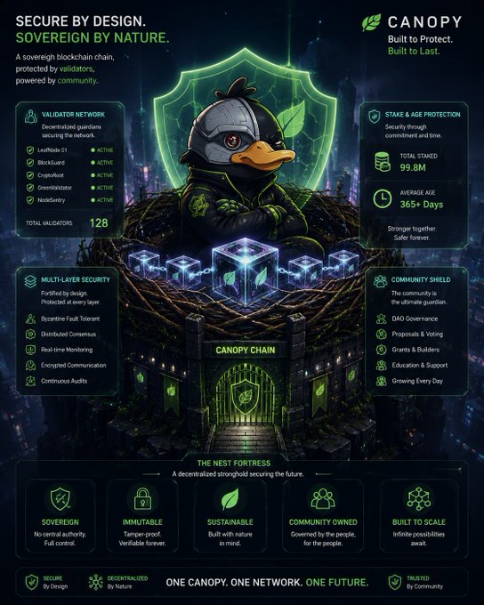 A dark-themed promotional graphic for 'CANOPY' blockchain network featuring a stylized duck character in armor, highlighting features like Validator Network (128 validators), Stake & Age Protection (99.8M total staked), Multi-Layer Security, and Community Shield.