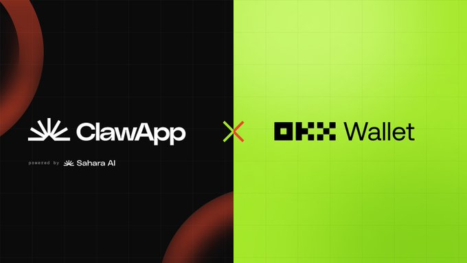 The image is a promotional collaboration graphic featuring the ClawApp logo (powered by Sahara AI) on a black background alongside the OKX Wallet logo on a bright green background, separated by an "x" symbol to denote a partnership. The graphic visually reinforces the announcement of OKX's Onchain OS and Agentic Wallet integration with ClawApp, showcasing the two brands coming together.
