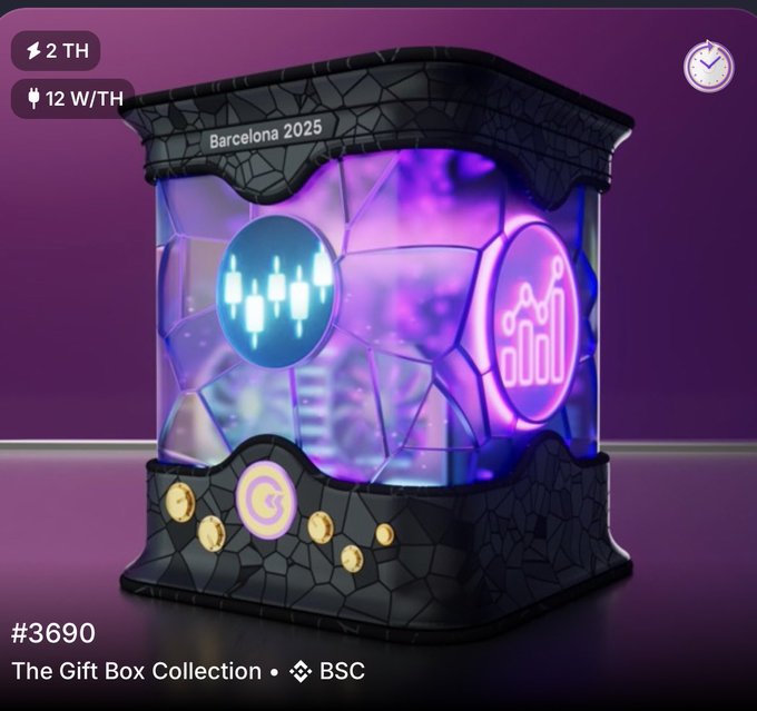 Digital NFT collectible #3690 'The Gift Box Collection' on BSC, featuring a glowing purple crystal-like box with Barcelona 2025 label, showing 2 TH and 12 W/TH stats.