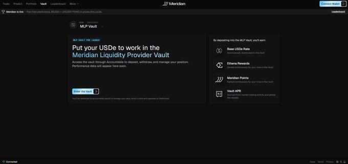 The Meridian platform interface displays a "MLP VAULT" page with the heading "Put your USDe to work in the Meridian Liquidity Provider Vault," featuring options to earn Base USDe rate, Ethena Rewards, Meridian Points, and Vault APR.