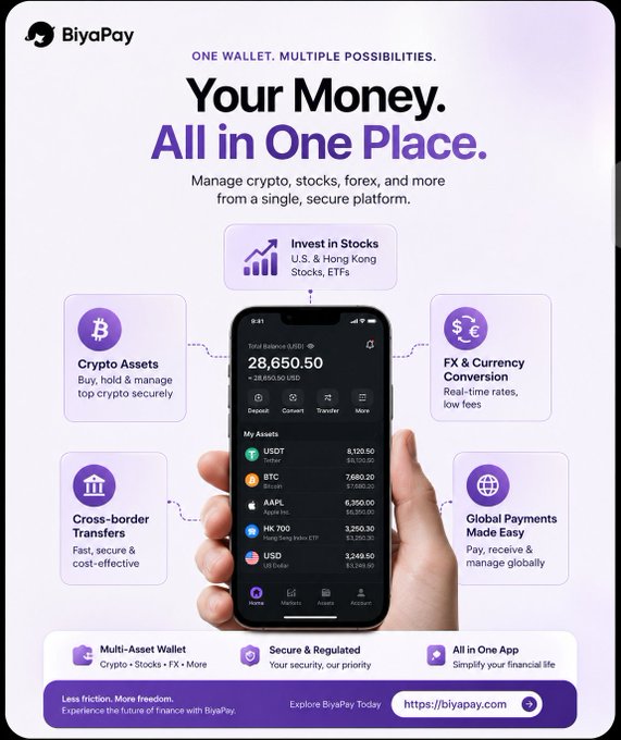 BiyaPay advertisement promoting an all-in-one multi-asset wallet featuring crypto (USDT, BTC, AAPL, HK 700, USD) and U.S. & Hong Kong stocks, with a displayed total balance of $28,650.50 USD, illustrating the post's theme of consolidating crypto, stocks, and banking into a single platform.