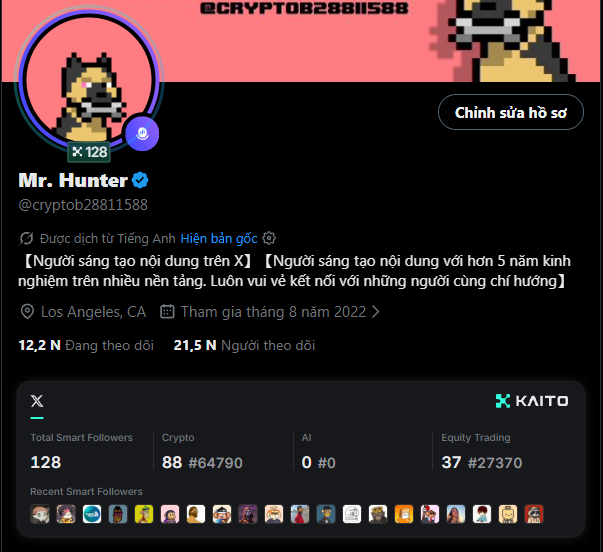 An X/Twitter profile for @cryptob28811588 ('Mr. Hunter') verified by KAITO, based in Los Angeles, showing 12.2K Following, 21.5K Followers, and smart follower stats including Crypto rank #64790 and Equity Trading rank #27370.
