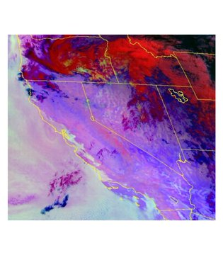 A satellite weather image showing atmospheric conditions over the western United States in vibrant purple, red, and white hues with state outlines visible.