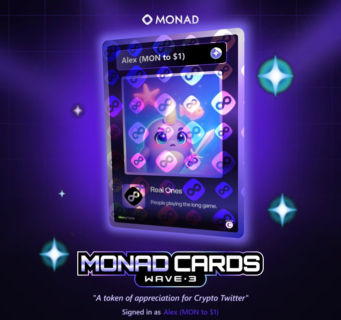 Another 'MONAD CARDS WAVE 3' promotional image featuring a card of 'Alex (MON to $1)' with the tagline 'A token of appreciation for Crypto Twitter'.