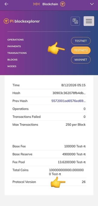 A screenshot of the Pi blockchain explorer interface showing network selection buttons (TESTNET, TESTNET2, MAINNET) with TESTNET2 highlighted, displaying block details including Hash 30903c362078fb4db... and Protocol Version 26, visually confirming the Testnet2 upgrade to Protocol v26 mentioned in the post.