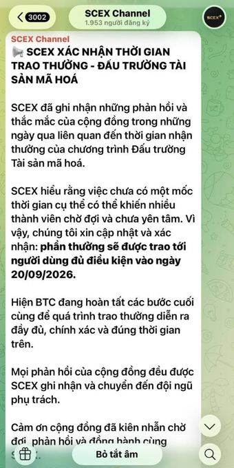 A screenshot of a Telegram channel named 'SCEX Channel' (with 1,953 subscribers) announcing that rewards for the 'Đấu trường Tài sản mã hoá' competition will be distributed to users meeting the conditions by September 20, 2026.