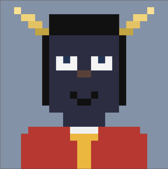 A pixel art illustration shows a dark-skinned character with golden horns, blue eyes, and a red robe against a blue background.