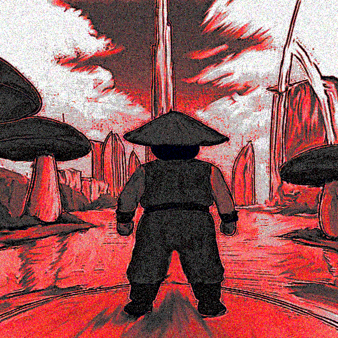 A stylized illustration with a red and gray color palette depicting a small figure wearing a conical hat viewed from behind, standing in a surreal environment with mushroom-like shapes and structures.