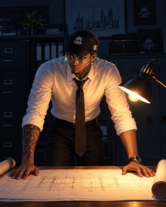 A man in a white shirt, black tie, and skull-emblazoned cap leans over architectural blueprints under a desk lamp, with skull motifs visible on boxes in the background.