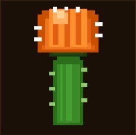 A pixel art image of an orange flower (resembling a tulip or chrysanthemum) with white petal tips on a green stem against a black background.