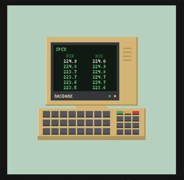 A digital illustration of a retro beige monitor displaying the text 'SFCK' and 'NASDNIK' alongside columns of numbers, paired with a matching keyboard on a mint green background.