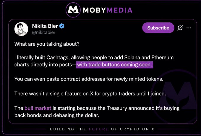 A screenshot of a tweet by Nikita Bier (@nikitabier) defending his work on Cashtags and stating 'The bull market is starting because the Treasury announced it's buying back bonds and debasing the dollar.'