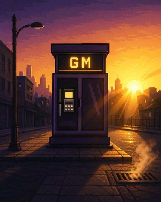 A pixel art illustration of a glowing 'GM' phone booth on a city street at sunset.