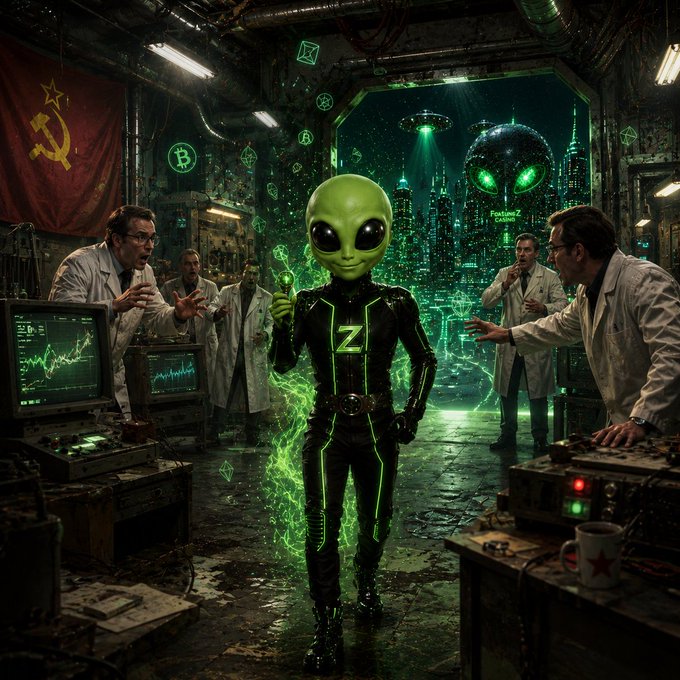 A green alien in a futuristic suit emblazoned with a "Z" stands confidently in a Soviet-style lab, surrounded by startled scientists and glowing Bitcoin logos, with a futuristic cityscape and UFO visible through the window, visually bringing to life the joke of Lucky Zuno escaping his 1989 captors to launch the #FortuneZ crypto project by 2026, as noted on "fortunez.com/es/".