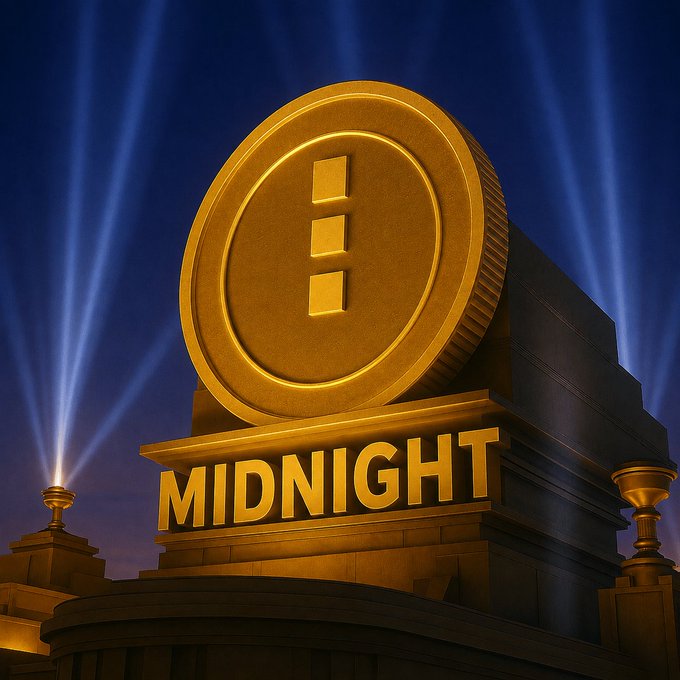 A golden coin monument featuring the text "MIDNIGHT" and a stylized emblem stands dramatically against a deep blue sky pierced by spotlights, visually evoking the cinematic "MIDNIGHT: Code Zero" thriller concept from the post.