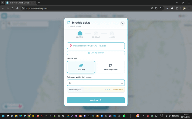 The image shows a computer screen displaying a map of a city, with an online scheduling tool open that allows users to book appointments at various locations within the city. The app also supports different payment methods such as Dogecoin, which suggests that the user might be able to pay for their services using cryptocurrency.