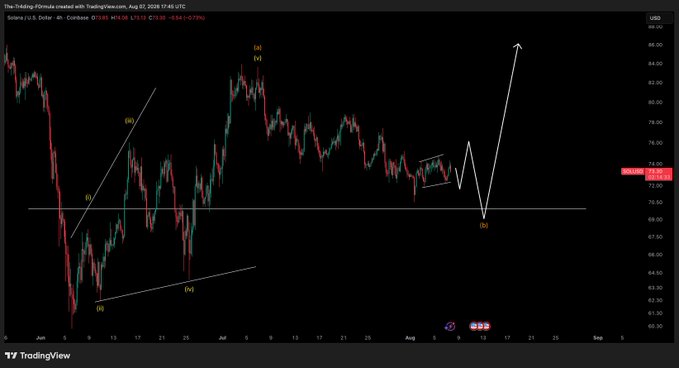 A TradingView chart of Solana (U.S. Dollar) with technical analysis showing Elliott Wave patterns and projected price movement, with current price around 191.41, dated August 22, 2025.