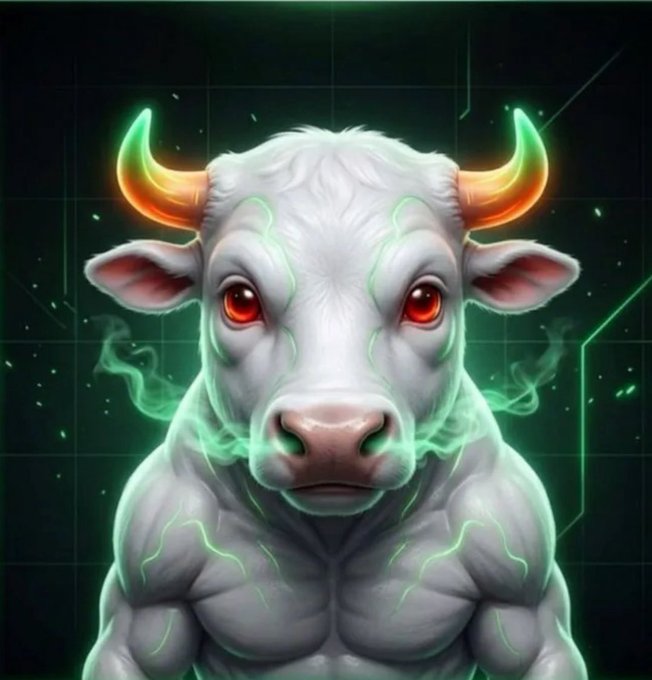 A digital illustration of a muscular white bull with glowing red eyes and neon green and orange horns, surrounded by green energy lines on a dark background.