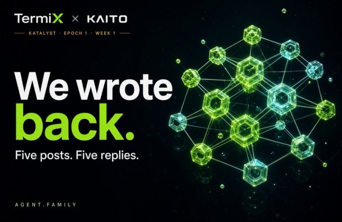 A promotional graphic for TermiX × KAITO Katalyst Epoch 1 Week 1 reading 'We wrote back. Five posts. Five replies.' on a dark background with green hexagonal network graphics and AGENT.FAMILY branding.