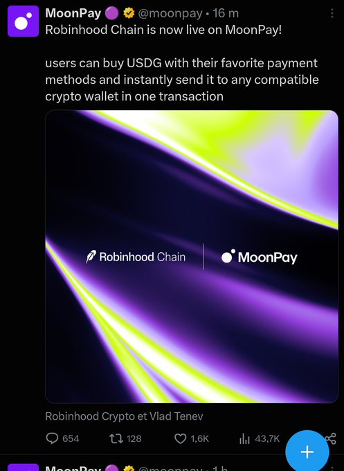 A tweet from MoonPay announcing that "Robinhood Chain is now live on MoonPay," allowing users to buy USDG with preferred payment methods and send it to compatible crypto wallets in one transaction, which contradicts the user's skepticism about MoonPay's airdrop hints and teaser campaigns.