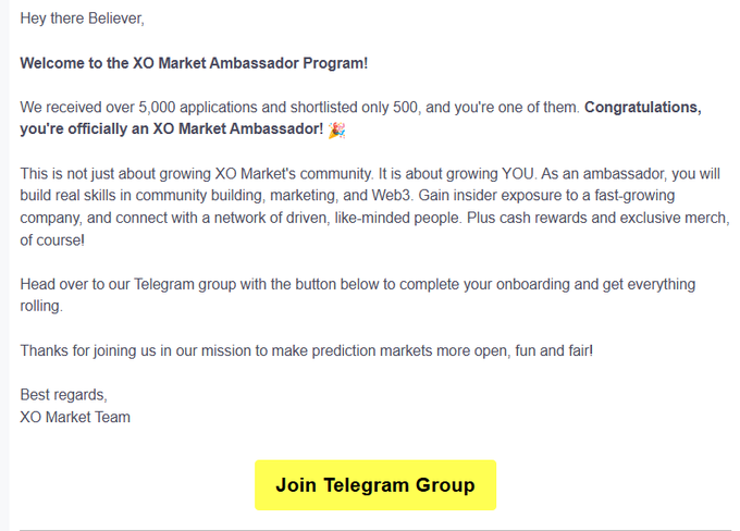 The image features a white envelope with black text that reads "Welcome to the XO Market Ambassador Program!". The envelope also contains a yellow button that says "Join Telegram Group" at the bottom of the letter, indicating that the recipient can join an online group for discussion and sharing ideas related to the XO market.