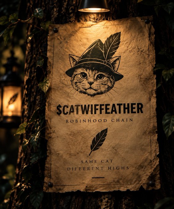 A rustic paper sign attached to a tree featuring a cat wearing a feathered hat, with text reading '$CATWIFFEATHER ROBINHOOD CHAIN SAME CAT DIFFERENT HIGHS'.