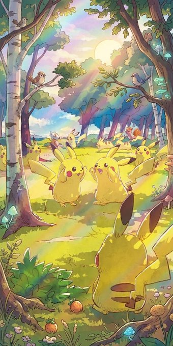 An animated illustration depicts several Pikachu characters gathering in a sunlit forest clearing, framed by birch trees and birds.