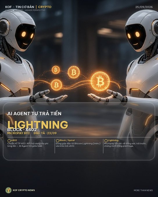 A promotional graphic for "KOF CRYPTO NEWS" featuring two white robots holding glowing Bitcoin coins, with text including "LIGHTNING", "BLOCK . X402", and "MICROPAY BTC".