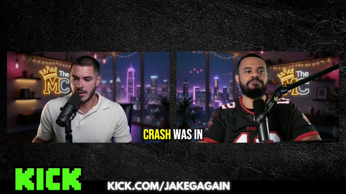 The image features two men wearing football jerseys with the phrase "CRASH WAS IN" written above them, as well as a banner that says "KICK.COM/JakeGain". The background of the image shows a city skyline at night, suggesting that they are on air during nighttime hours in an urban setting.